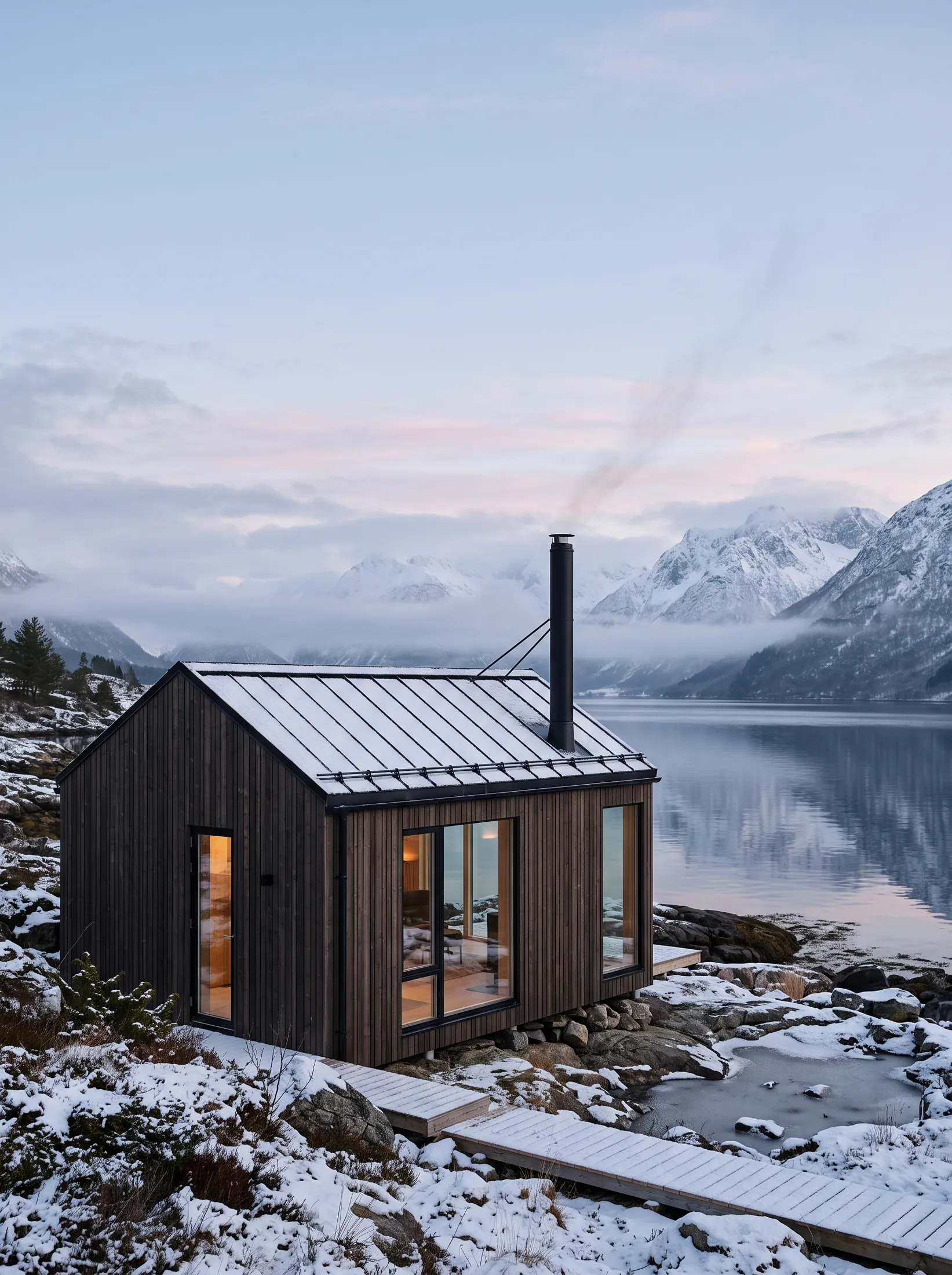 Moderne hytte ved fjorden med slank, sort stålpipe